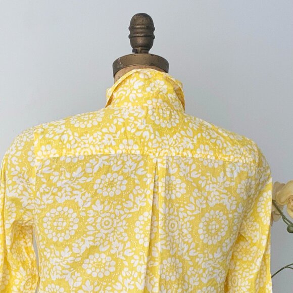 TALBOTS  Petites Yellow and White Flora Cotton Roll Tab Sleeve Summer Shirt - Picture 4 of 16